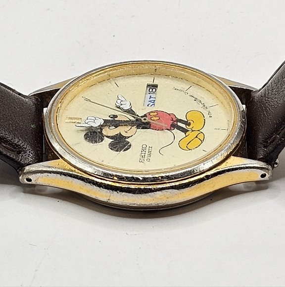 1990's Men's Seiko Mickey Mouse Gold Wristwatch SV23-7079 Day/Date Untested - Picture 3 of 8